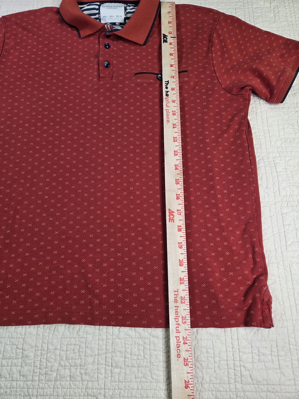 Denim & Flower Men's Red Geometric Micro Print Polo Shirt Short Sleeve Size L - Picture 7 of 11